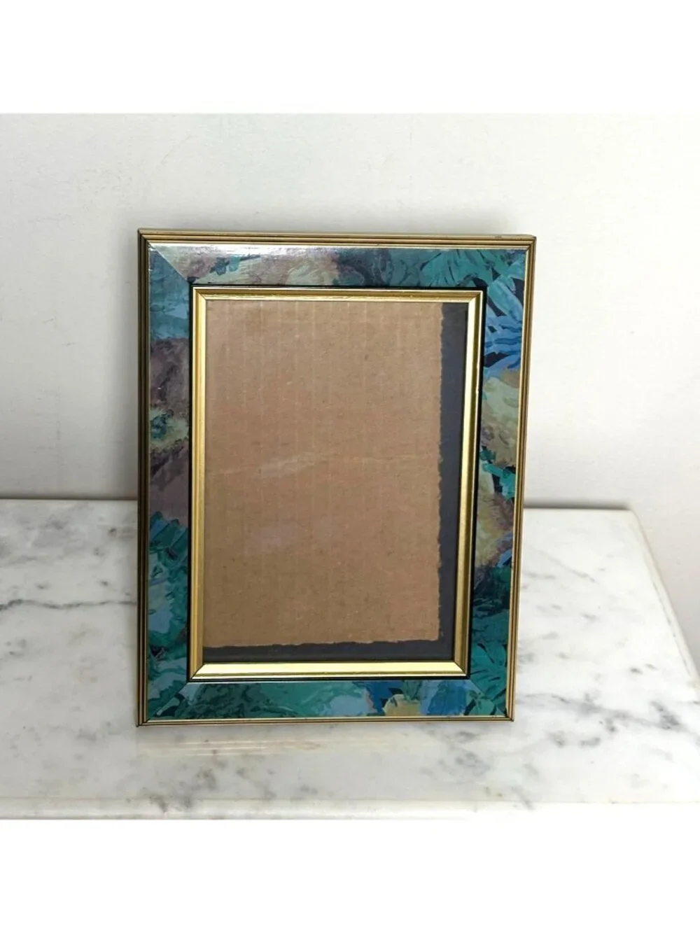 Vintage Burnes 5x 7 Picture Frame | Teal Marble & Gold Desk Frame | Made in Mexi